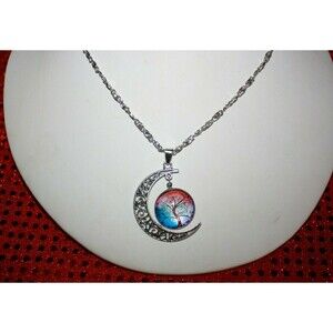 Women's Tree of Life Art Moon Pendant Glass Dome Charm Necklace New